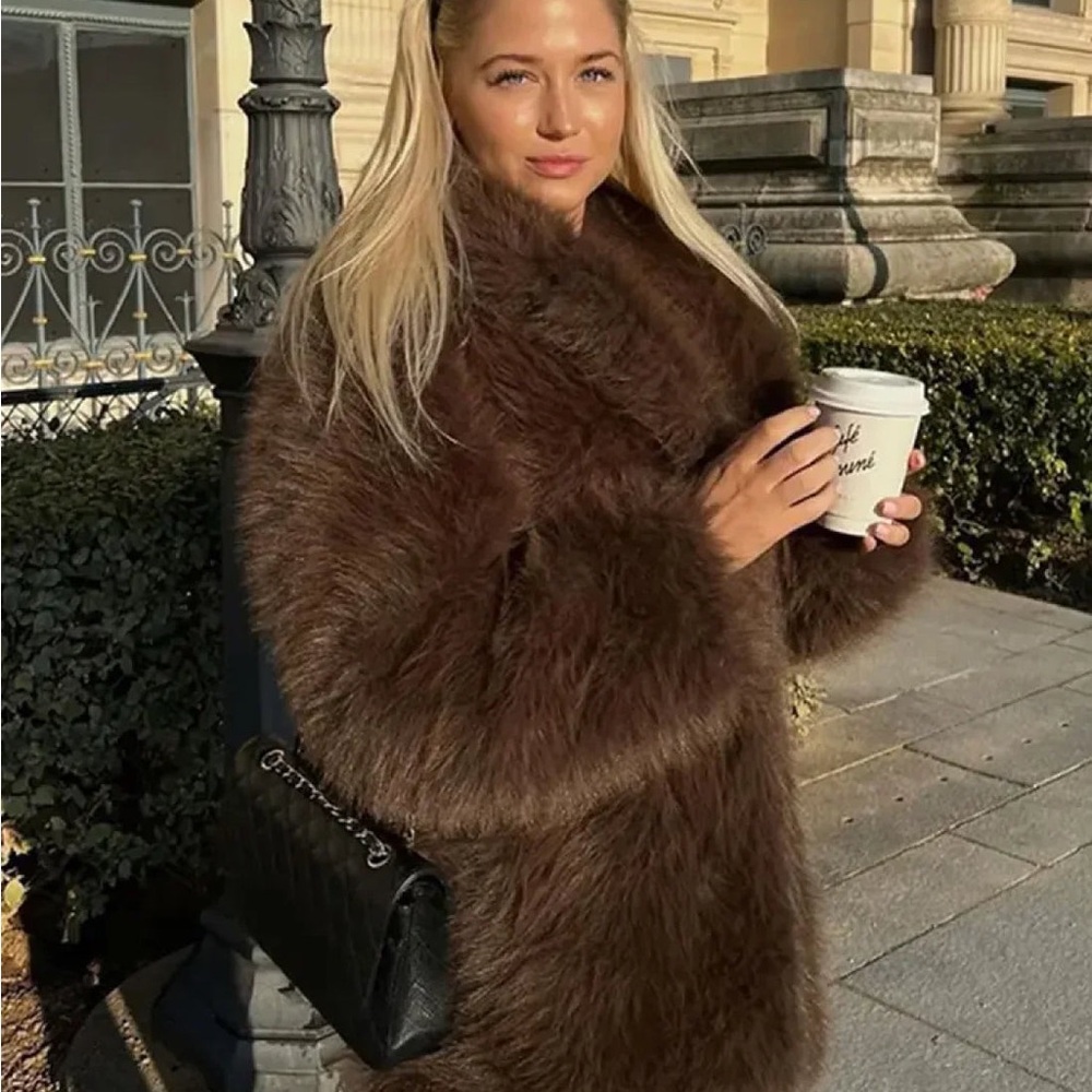 Shaggy Luxurious Brown Faux Fur women jacket thick Coat